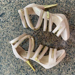 Colin Stuart Victorias Secret Sandal Heels Tan 8M Zipper Gold New